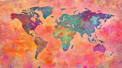 A colorful world map illustration with a vibrant, artistic background.