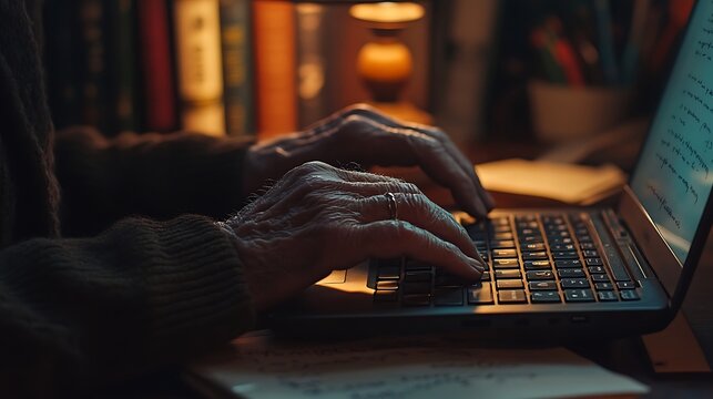 Close-up of wrinkled hands typing on a laptop, warm desk lamp light creating soft shadows, blurred background with handwritten notes and books, realistic details of skin and keys, hd quality,