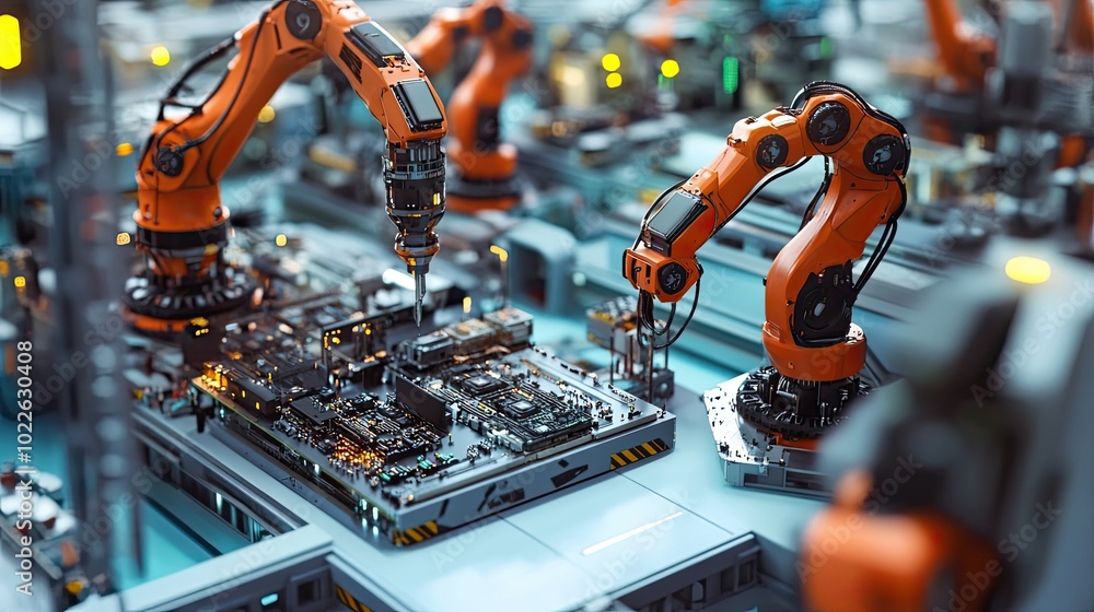 Poster robotic arms assembling circuit board in a factory