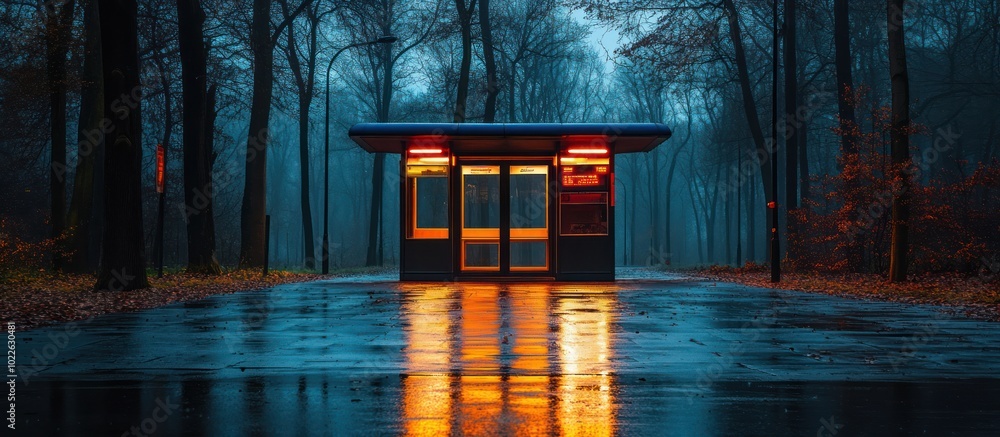 Poster a small illuminated building stands alone on a wet path in a forest.