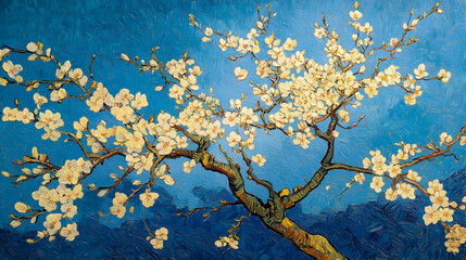 A Detailed Oil Painting of a Branch of White Blossoms Against a Vivid Blue Sky