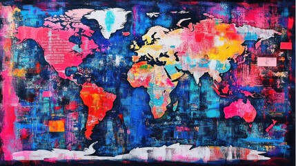 A colorful abstract world map highlighting global regions with vibrant hues and textures.