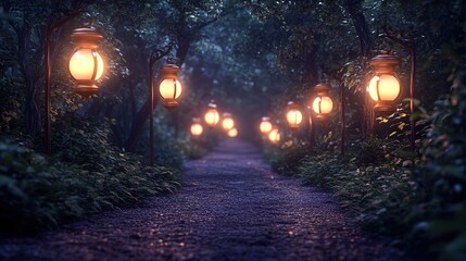 Mystical path lined with glowing lanterns at dusk