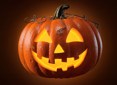 Glowing jack-o'-lantern with classic carved face and curly stem decorations against dark background, Halloween decoration concept