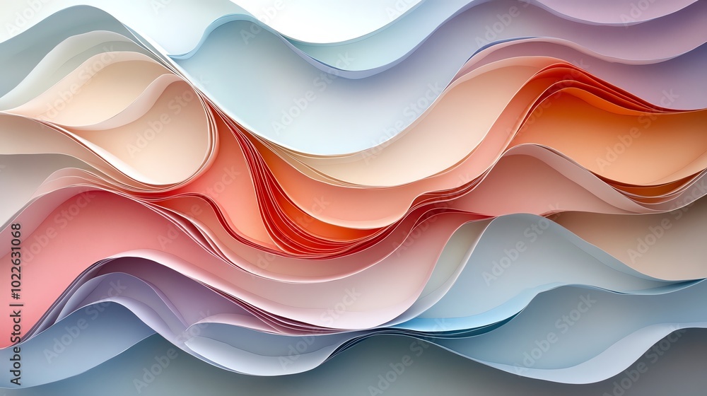 Poster abstract layered paper cut shapes in soft gradients, creating a fluid, dynamic composition, paper cu