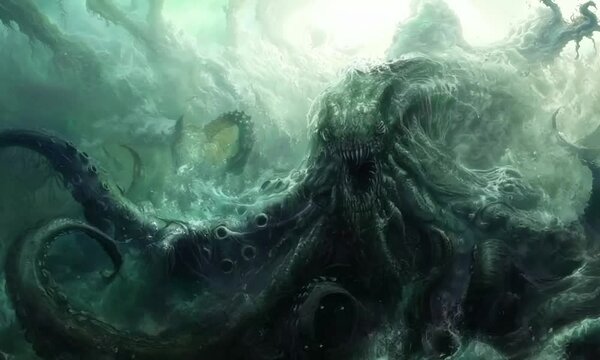 Cthulhu rising ominously from the ocean depths, a mythical sea monster emerging during a raging storm, with waves crashing violently in a scene reminiscent of Lovecraftian horror