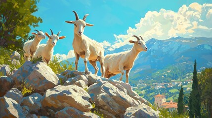 Obraz premium Agile Goats on Rocky Hillside Under Midday Sun - Vibrant & Scenic