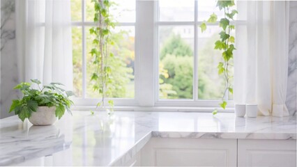 Elegant white marble countertop with a window view, adorned with curtains and vine leaves, creating a serene morning ambiance.