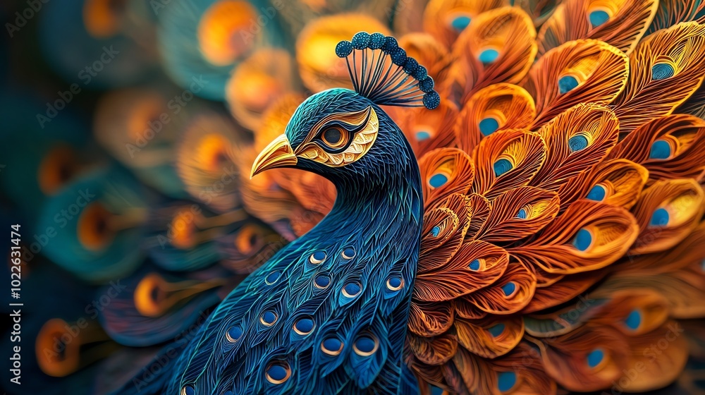 Poster layered paper cut peacock with vibrant feathers in multiple layers, showing intricate texture, paper