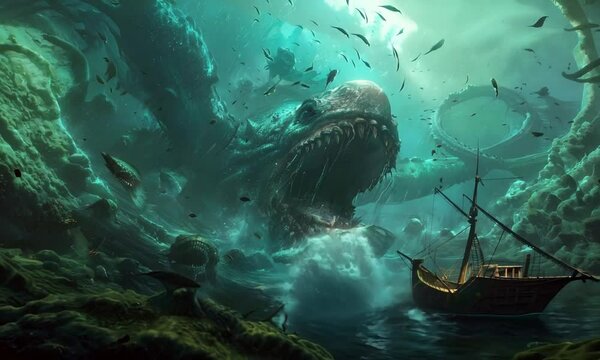 Mysterious underwater creatures depicted in a deep-sea painting, capturing the enigmatic beauty of the ocean depths