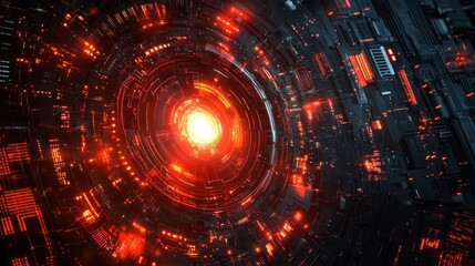 Fototapeta premium A futuristic, abstract design of a circular, glowing red and orange core with metal panels surrounding it.