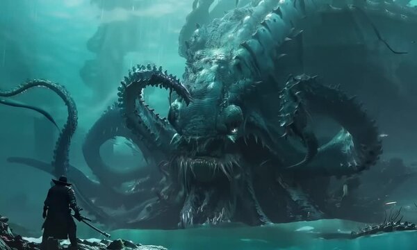 Cthulhu rising ominously from the ocean depths, a mythical sea monster emerging during a raging storm, with waves crashing violently in a scene reminiscent of Lovecraftian horror