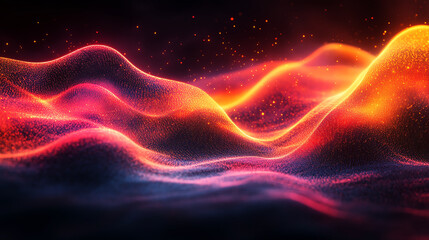 Obraz premium Dynamic wave of colorful particles, illustrating motion and energy, set against a dark backdrop for dramatic effect.