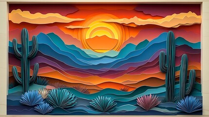 Paper cut layered desert scene with dunes, cacti, and a sunset, blending warm tones, paper cut desert, layered landscape art