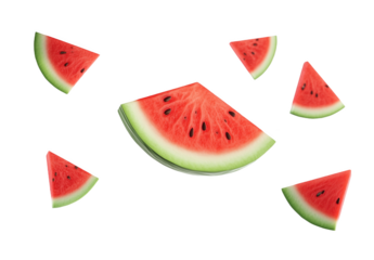 Colorful watermelon slices playfully arranged on a bright white background
