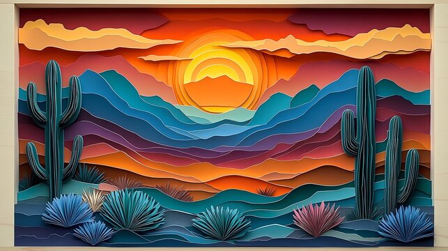 Paper cut layered desert scene with dunes, cacti, and a sunset, blending warm tones, paper cut desert, layered landscape art