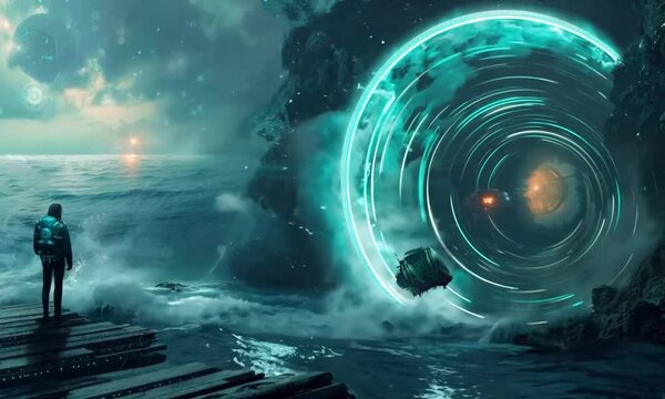 An ethereal portal to an otherworldly landscape reflecting in the ocean, creating a surreal and mesmerizing scen