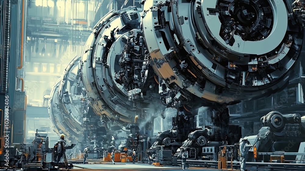 Poster futuristic industrial complex with workers and large rotating structures