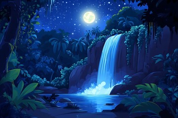 Waterfall cliff. Full moon night. Blue tone. Forest nature. Mountains and waterfalls. Glowing at night. Fantasy style. 3D Rendering