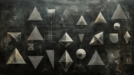 Obraz premium A dark background with many different gray geometric shapes arranged in an grid.