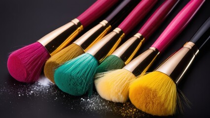 Fototapeta premium Makeup brushes with powder on the bristles. Colorful makeup brushes with vibrant powder pigments in orange, red, turquoise, and blue, scattered on a black surface, close-up.