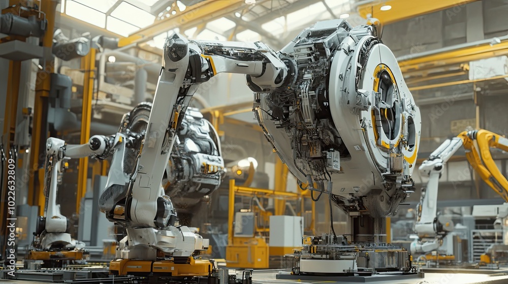 Poster industrial robots in a modern factory setting