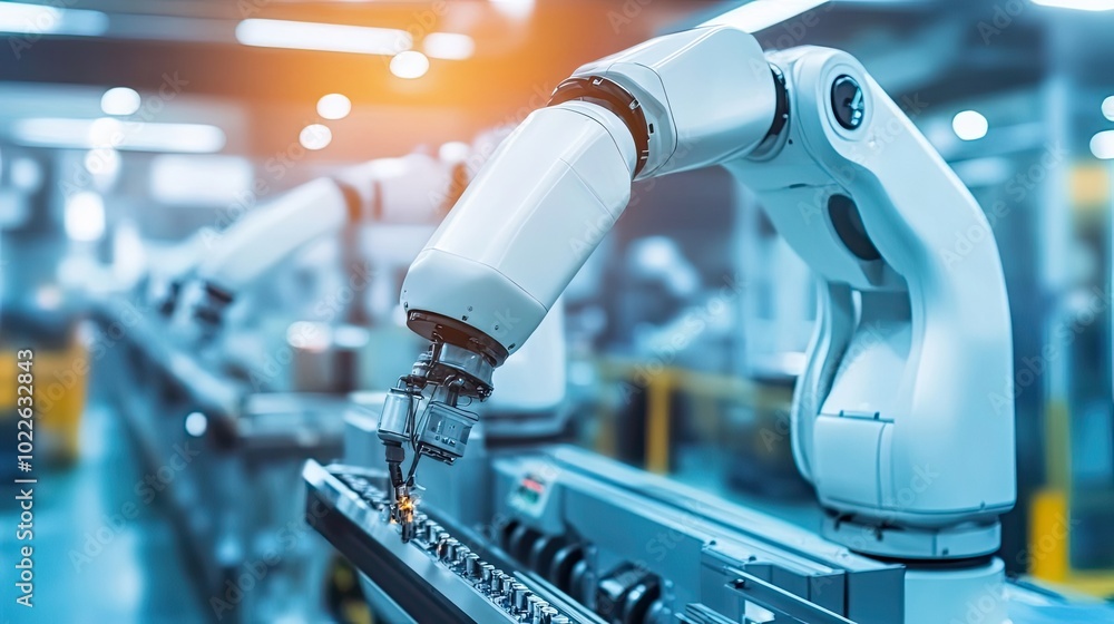 Poster robotic arm assembling parts on a conveyor belt in a factory setting
