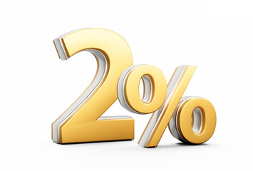 Shiny Golden 2% Two Percent Sign With Sleek Metallic Gleam On White Background 3D Illustration