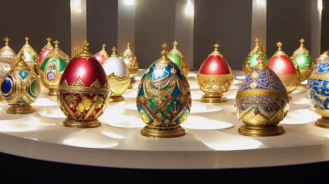 Camera pans across elaborate eggs during Faberg&eacute; Big Egg Hunt in a luxurious gallery, showcasing unique designs and precious materials
