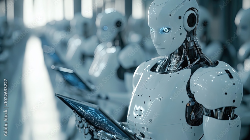 Poster a humanoid robot in a white exoskeleton holds a tablet with a blue screen in front of a line of othe