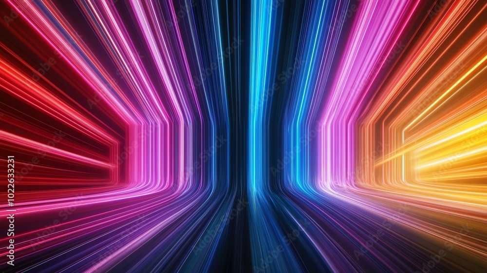 Poster colorful light beams radiate in a dynamic abstract pattern.