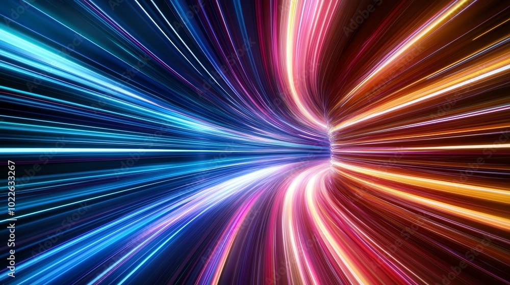 Poster colorful light trails creating dynamic motion effect on a dark background.