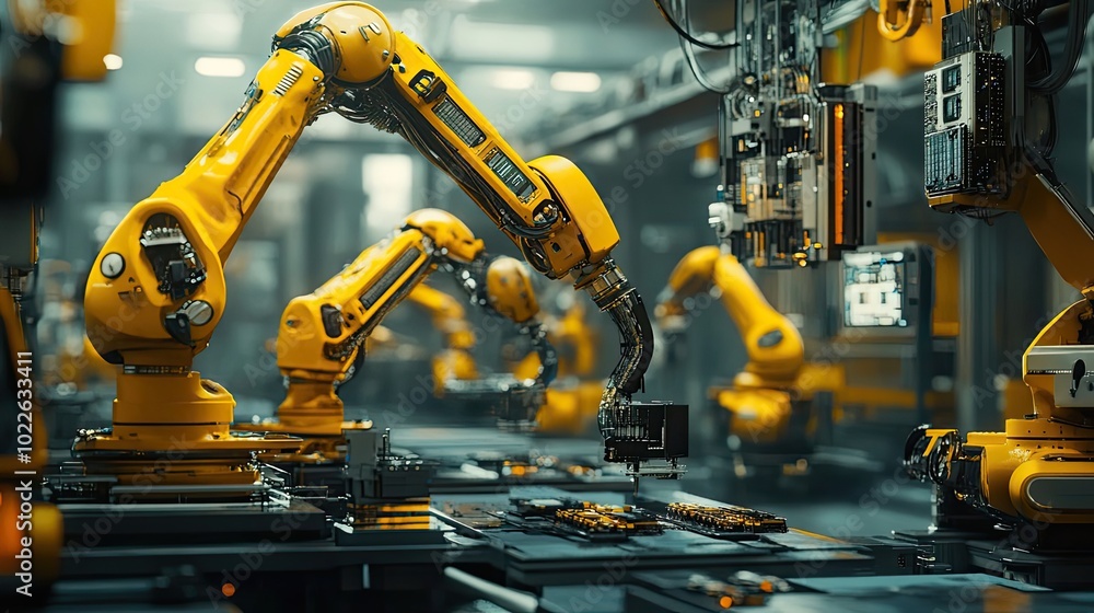 Poster automated assembly line with yellow robotic arms