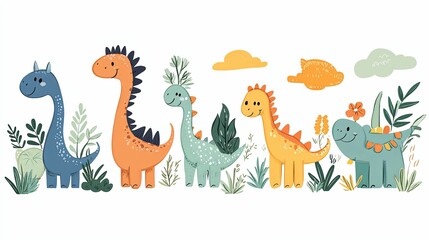 Obraz premium Five Cartoon Dinosaurs Standing in a Row in Front of Green Bushes