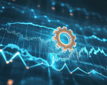 Global business analysis concept AI technology. A light AI gear illuminated above a line chart on a blue background, Dynamic colors, copy space for text,