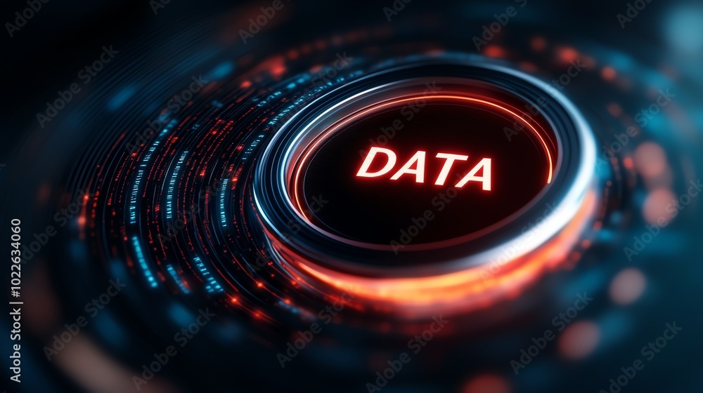 Poster futuristic data button with glowing effects on a dark background.