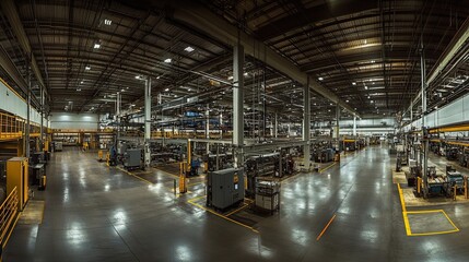 Large Industrial Factory Interior with Machinery and Yellow Lines