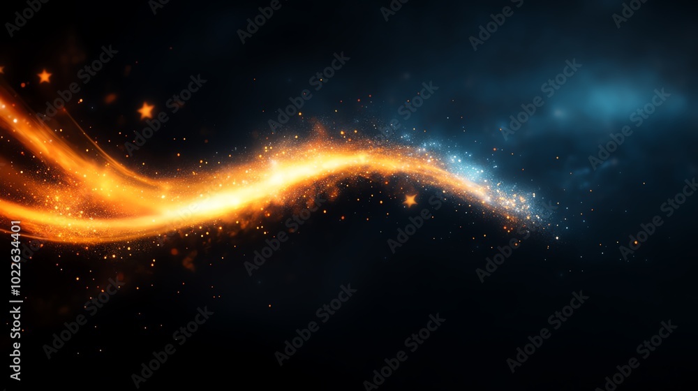 Poster dynamic orange wave with sparks on dark background.