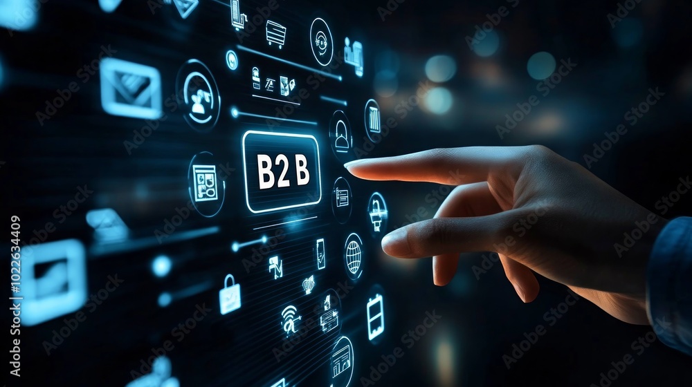Poster a hand points at a glowing b2b button surrounded by business icons on a digital screen.