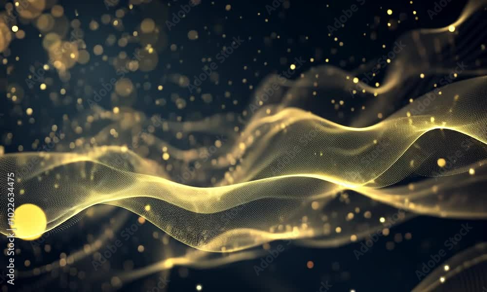 Poster animation 3d abstract golden glitter waves with bokeh effect