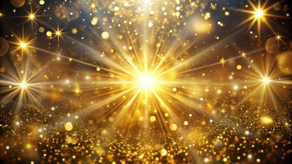 Naklejka premium Illuminating starburst with golden rays shines brightly, surrounded by a sparkling, textured finish, offering a mesmerizing abstract background ideal for creative design projects.