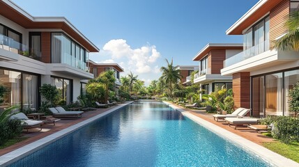 Fototapeta premium Modern villas with a serene pool surrounded by lush greenery.