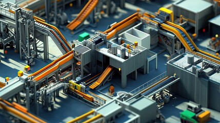 A Miniature Model of an Industrial Factory with Conveyor Belts and Buildings