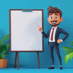 Confident Businessman Character Presenting with Whiteboard in Office
