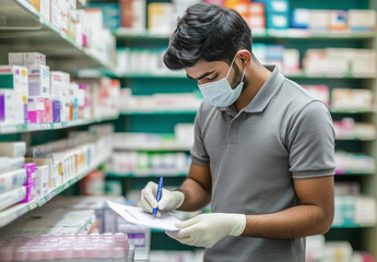 A masked pharmacist checking inventory in a pharmacy with shelves of medication.
