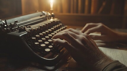 Hands typing on a vintage typewriter-style keyboard with round keys, close-up view, sepia-toned lighting creating a nostalgic atmosphere, warm shadows,