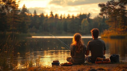 A serene moment by the lake at sunset, with two people fishing and enjoying nature.
