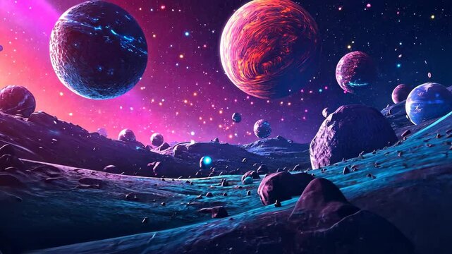 A vibrant alien landscape with a pink and blue sky and several large planets in the distance