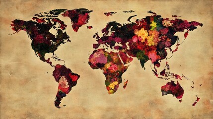 A colorful floral world map illustrating global diversity through vibrant patterns.