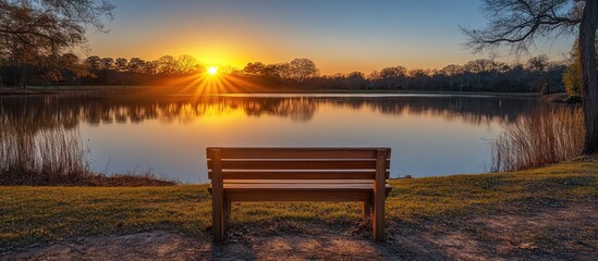 Fototapeta premium A wooden bench sits at the edge of a lake, overlooking the setting sun.